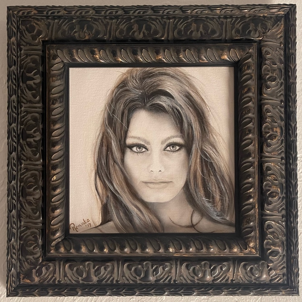 Oil Painting Portrait Sophia Loren Original 13.5”x13.5” including Frame